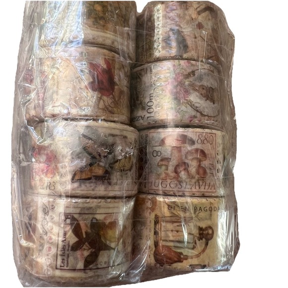 8 Rolls Vtg Antique Stamp Washi Tape Floral Letter Butterfly Mushroom Botanical - Picture 4 of 4